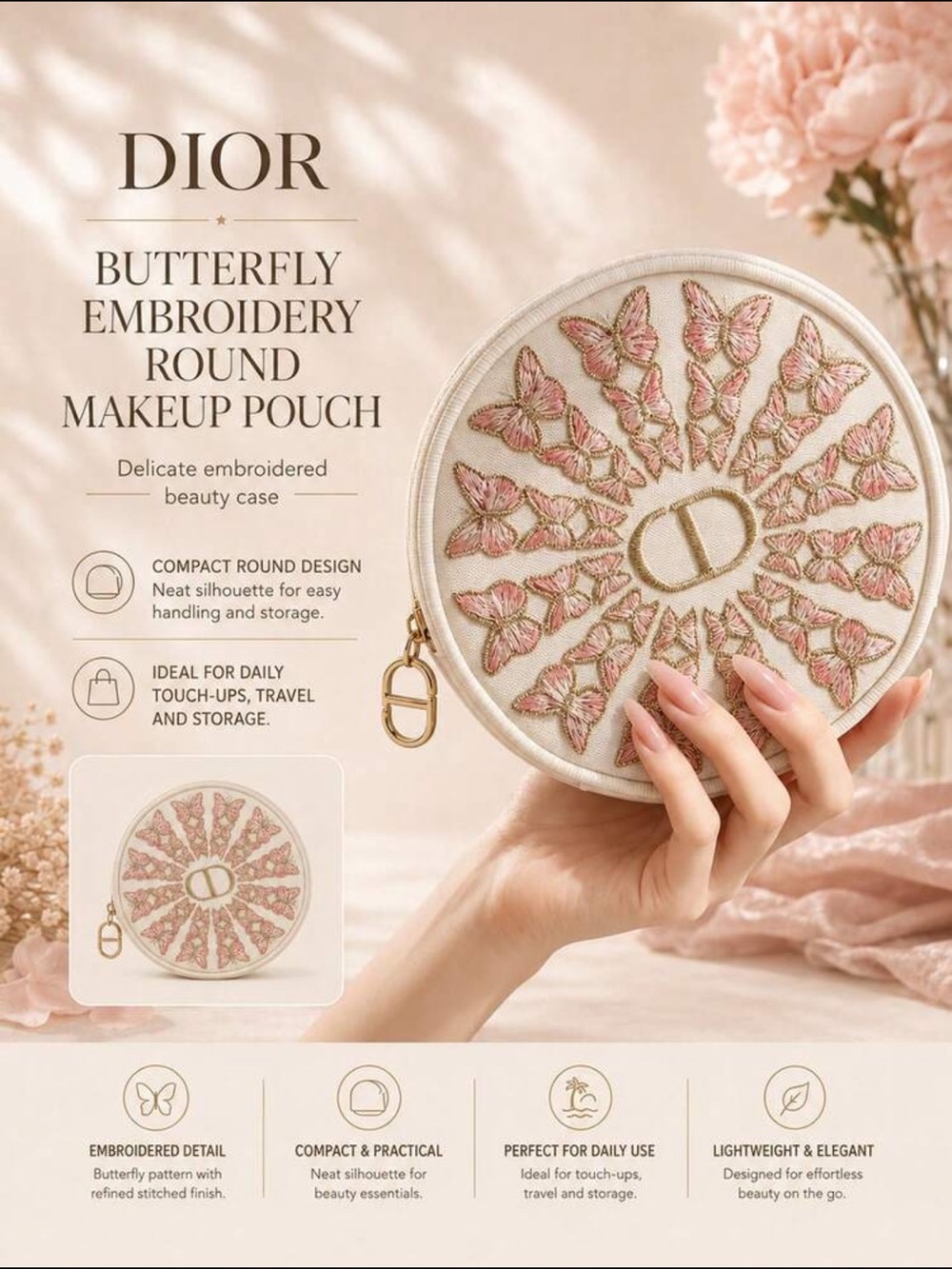 Dior Round Butterfly Embroidered Makeup Pouch - Pink & Cream
